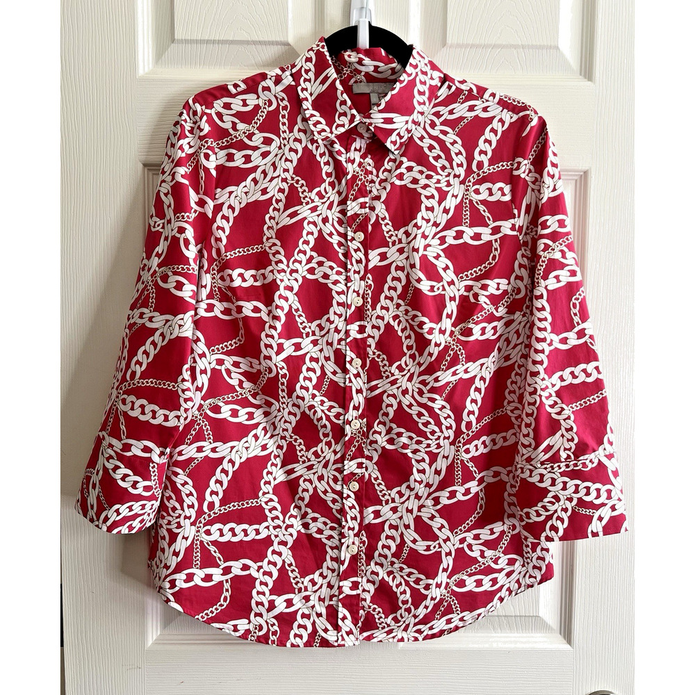 HINSON WU Women's Hot Pink Chain Print Button Front Blouse Top Shirt Sz 6